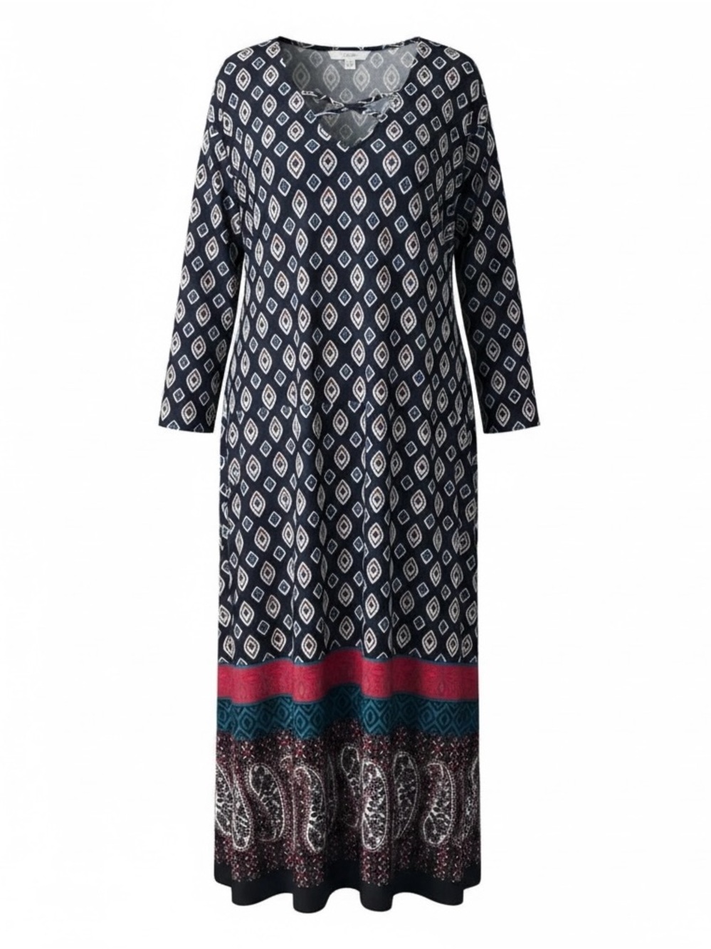 Long Plus Size Navy Geometric Print Maxi  Dress with Accent Border